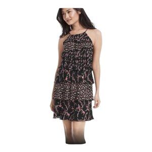 WHBM Dress 4 Tiered Ruffle Flapper Black Pink Floral Halter Party Mini Feme